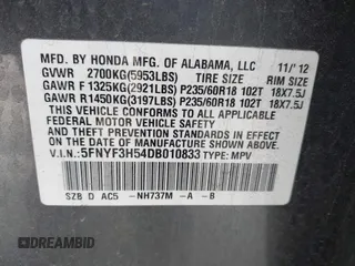 2013 Honda Pilot EX-L with VIN 5FNYF3H54DB010833, listed as a IAAI auction lot 41663424 with 108,264 mi miles and . Bid and sale history available at DreamBid. Image 9.