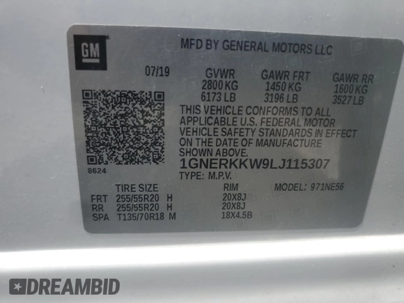 2020 Chevrolet Traverse Premier with VIN 1GNERKKW9LJ115307, listed as a Copart auction lot 55606225 with 70,847 mi miles and Salvage title. Bid and sale history available at DreamBid. Image 14.