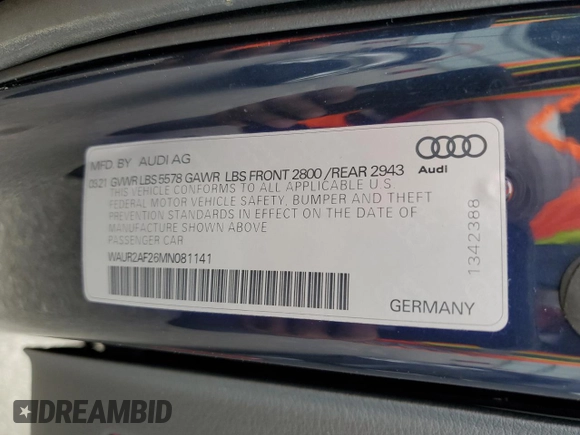 2021 Audi A7 Premium Plus with VIN WAUR2AF26MN081141, listed as a Copart auction lot 62946624 with 27,260 mi miles and Salvage Title. Bid and sale history available at carsss.com. Image 13.