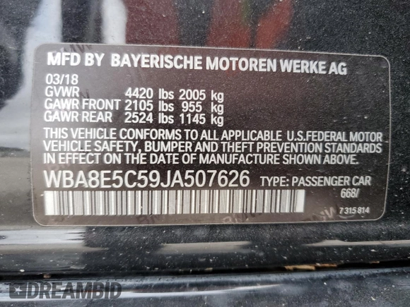 2018 BMW 3 Series 328d with VIN WBA8E5C59JA507626, listed as a Copart auction lot 71957104 with Not provided miles and Salvage title. Bid and sale history available at DreamBid. Image 13.