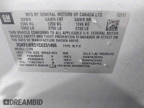 2012 GMC Terrain SLT-2 with VIN 2GKFLWE51C6231496, listed as a IAAI auction lot 42019893 with 157,232 mi miles. Bid and sale history available at carsss.com. Image 9.