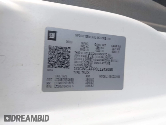 2020 Chevrolet Express Cargo z VIN 1GCWGAFP0L1242088, wystawiony jako IAAI lot #42145895 z przebiegiem Nie podano mil oraz . Historia ofert i sprzedaży dostępna na DreamBid. Obrazek 9.