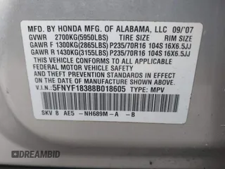2008 Honda Pilot SE with VIN 5FNYF18388B018605, listed as a IAAI auction lot 41739400 with 333,305 mi miles and . Bid and sale history available at DreamBid. Image 9.