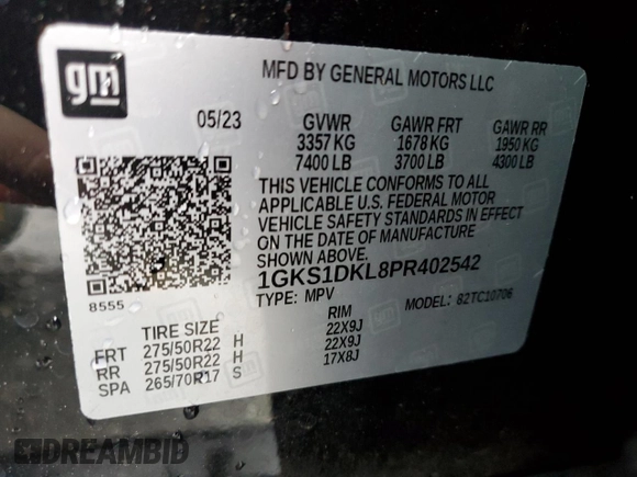 2023 GMC Yukon Denali with VIN 1GKS1DKL8PR402542, listed as a Copart auction lot 42001695 with 23,497 mi miles and Salvage Title. Bid and sale history available at carsss.com. Image 14.