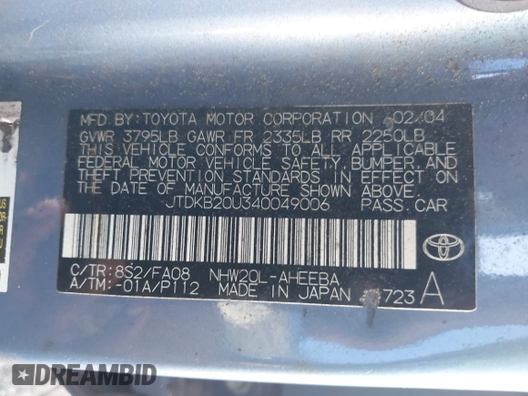 2004 Toyota Prius with VIN JTDKB20U340049006, listed as a IAAI auction lot 42230821 with 252,004 mi miles and . Bid and sale history available at DreamBid. Image 9.