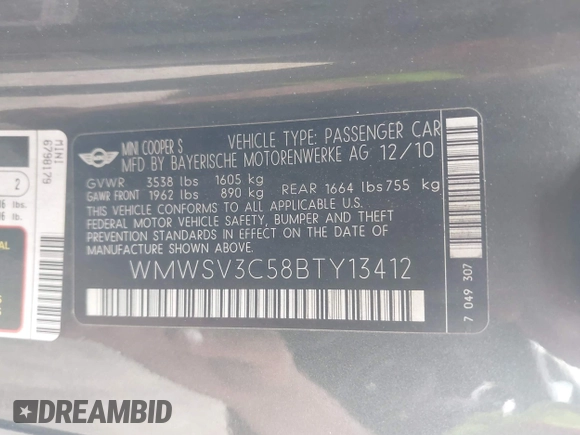 2011 MINI Hardtop S with VIN WMWSV3C58BTY13412, listed as a IAAI auction lot 42516587 with 124,831 mi miles and . Bid and sale history available at DreamBid. Image 9.