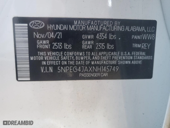 2022 Hyundai Sonata SE with VIN 5NPEG4JAXNH145749, listed as a Copart auction lot 86894104 with 49,475 mi miles and Salvage Title. Bid and sale history available at carsss.com. Image 12.