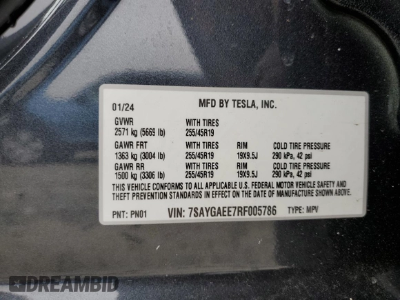 2024 Tesla Model Y Long Range with VIN 7SAYGAEE7RF005786, listed as a Copart auction lot 58415195 with 8,700 mi miles and Salvage title. Bid and sale history available at DreamBid. Image 12.