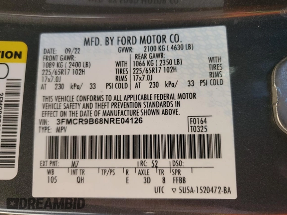 2022 Ford Bronco Sport Big Bend z VIN 3FMCR9B68NRE04126, wystawiony jako Copart lot #55980415 z przebiegiem 34 039 mil mil oraz Szkoda całkowita • Salvage title. Historia ofert i sprzedaży dostępna na DreamBid. Obrazek 13.