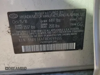 2019 Hyundai Sonata SEL with VIN 5NPE34AF4KH749655, listed as a Copart auction lot 47893025 with 101,091 mi miles and Salvage Title. Bid and sale history available at DreamBid. Image 12.