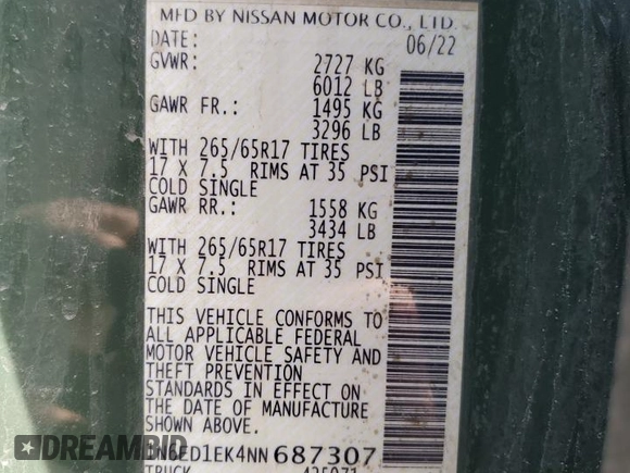2022 Nissan Frontier Pro-4X with VIN 1N6ED1EK4NN687307, listed as a Copart auction lot 56489915 with 24,007 mi miles and Salvage title. Bid and sale history available at DreamBid. Image 12.