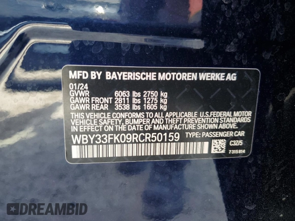 2024 BMW i5 eDrive40 with VIN WBY33FK09RCR50159, listed as a Copart auction lot 55520615 with 12,564 mi miles and Salvage title. Bid and sale history available at DreamBid. Image 13.