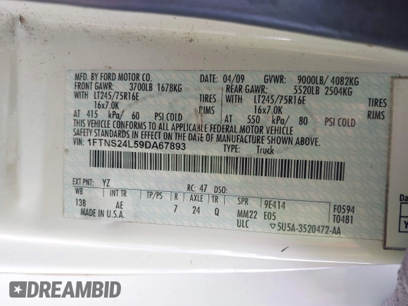 2009 Ford Econoline Cargo with VIN 1FTNS24L59DA67893, listed as a IAAI auction lot 41890311 with 192,903 mi miles and . Bid and sale history available at DreamBid. Image 9.