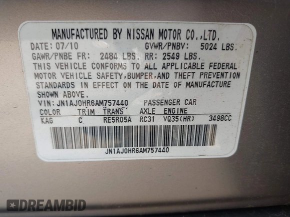 2010 Infiniti EX Journey z VIN JN1AJ0HR6AM757440, wystawiony jako IAAI lot #42429516 z przebiegiem 138 210 mil mil oraz . Historia ofert i sprzedaży dostępna na DreamBid. Obrazek 9.