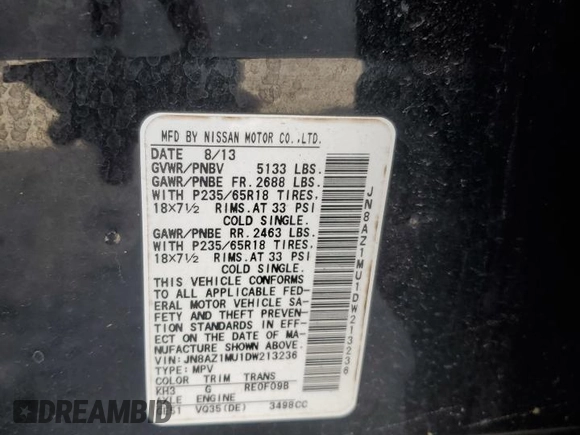 2013 Nissan Murano SL with VIN JN8AZ1MU1DW213236, listed as a Copart auction lot 45717705 with 195,910 mi miles and Salvage Title. Bid and sale history available at carsss.com. Image 14.