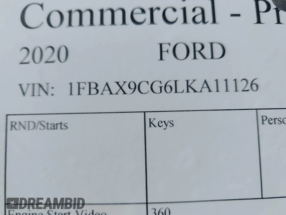 2020 Ford Transit with VIN 1FBAX9CG6LKA11126, listed as a IAAI auction lot 41669643 with Not provided miles and . Bid and sale history available at DreamBid. Image 9.