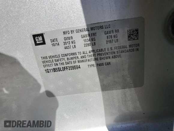 2015 Chevrolet Malibu LS with VIN 1G11B5SL0FF209594, listed as a Copart auction lot 48467855 with Not Provided miles and Salvage Title. Bid and sale history available at DreamBid. Image 14.