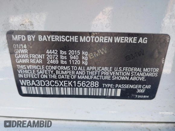 2014 BMW 3 Series 328d with VIN WBA3D3C5XEK156288, listed as a IAAI auction lot 42301663 with 84,416 mi miles and . Bid and sale history available at DreamBid. Image 9.