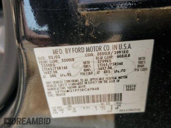 2003 Ford Super Duty F-250 XL with VIN 1FTNW21P73EC67848, listed as a Copart auction lot 64401394 with 146,307 mi miles and Salvage Title. Bid and sale history available at carsss.com. Image 14.
