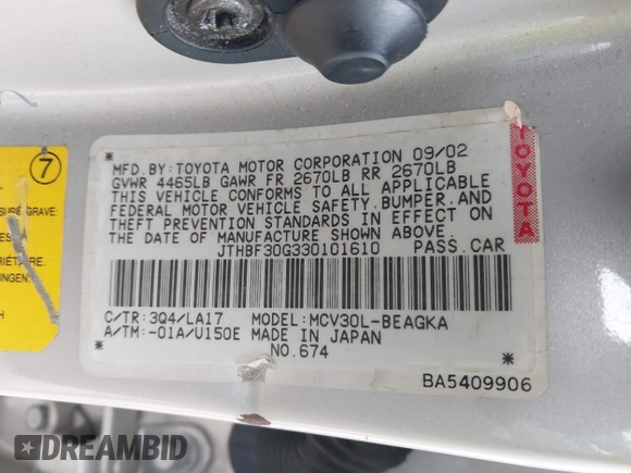 2003 Lexus ES with VIN JTHBF30G330101610, listed as a IAAI auction lot 42010075 with 178,796 mi miles. Bid and sale history available at carsss.com. Image 9.