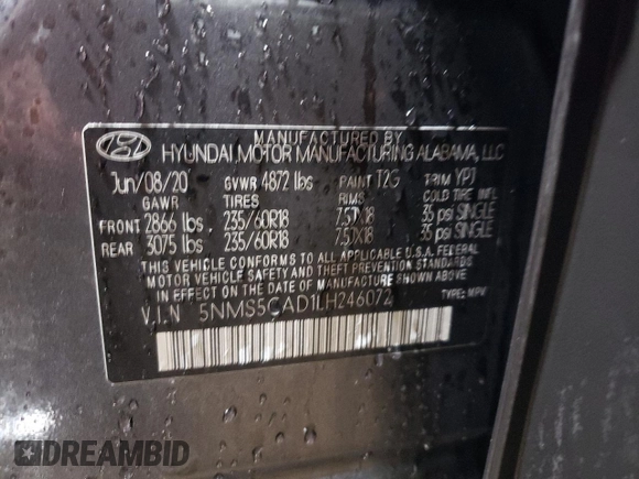 2020 Hyundai Santa Fe Limited with VIN 5NMS5CAD1LH246072, listed as a Copart auction lot 86332304 with 53,393 mi miles and Salvage Title. Bid and sale history available at carsss.com. Image 12.