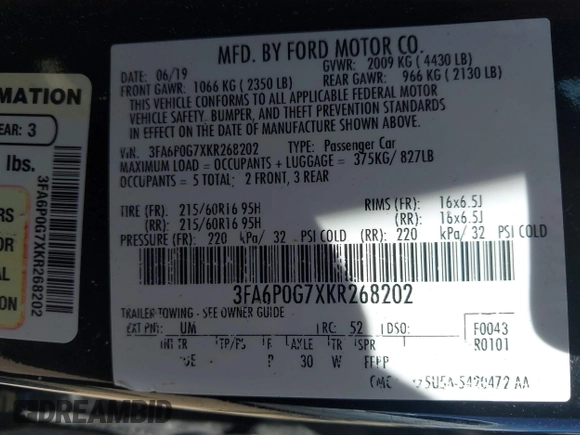 2019 Ford Fusion S with VIN 3FA6P0G7XKR268202, listed as a IAAI auction lot 41888115 with 71,718 mi miles and . Bid and sale history available at DreamBid. Image 9.