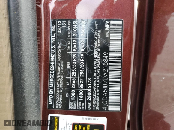 2013 Mercedes-Benz M 350 z VIN 4JGDA5JB7DA215849, wystawiony jako Copart lot #42850805 z przebiegiem Nie podano mil oraz Szkoda całkowita • Salvage title. Historia ofert i sprzedaży dostępna na DreamBid. Obrazek 16.
