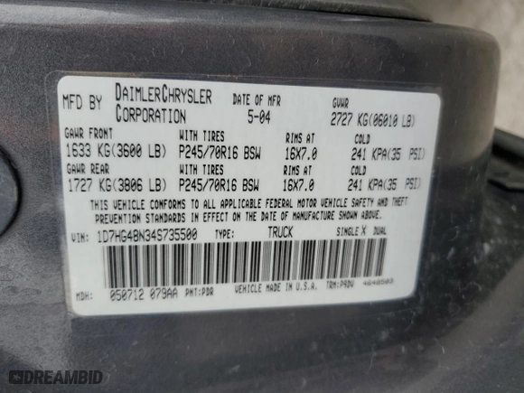 2004 Dodge Dakota SLT with VIN 1D7HG48N34S735500, listed as a Copart auction lot 48915335 with 161,254 mi miles and Salvage Title. Bid and sale history available at carsss.com. Image 14.