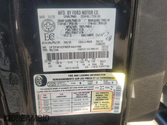 2013 Ford F-150 XL with VIN 1FTFW1EF6DFA63196, listed as a Copart auction lot 84936154 with 261,546 mi miles and Salvage Title. Bid and sale history available at carsss.com. Image 13.