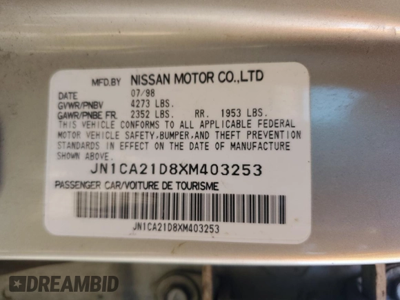 1999 Nissan Maxima GXE z VIN JN1CA21D8XM403253, wystawiony jako Copart lot #55877675 z przebiegiem 61 019 mil mil oraz Czysty tytuł • Clean title. Historia ofert i sprzedaży dostępna na DreamBid. Obrazek 12.