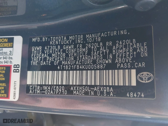 2019 Toyota Avalon Hybrid Limited with VIN 4T1B21FB4KU005887, listed as a IAAI auction lot 42014462 with 141,213 mi miles. Bid and sale history available at carsss.com. Image 9.