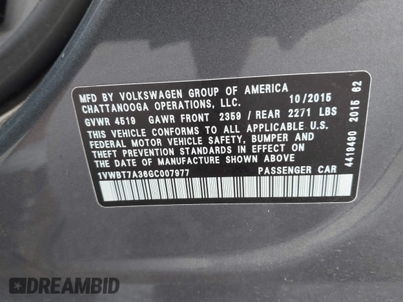 2016 Volkswagen Passat SE z VIN 1VWBT7A36GC007977, wystawiony jako IAAI lot #42433371 z przebiegiem 124 064 mil mil oraz . Historia ofert i sprzedaży dostępna na DreamBid. Obrazek 9.