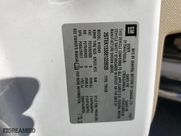 2008 GMC Sierra 1500 SLE1 with VIN 2GTEK133681228628, listed as a Copart auction lot 78793994 with 72,615 mi miles and Salvage Title. Bid and sale history available at carsss.com. Image 12.