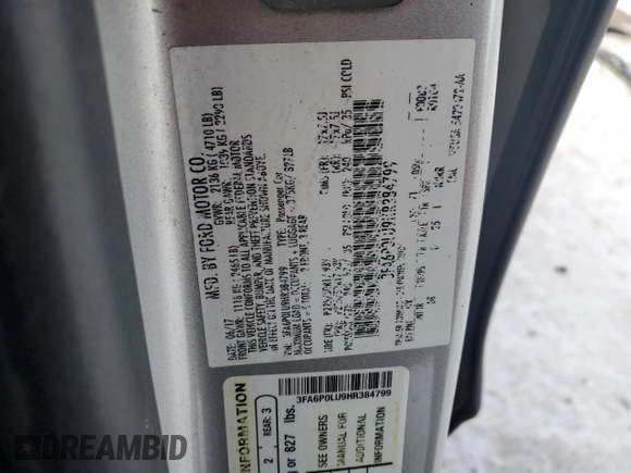 2017 Ford Fusion Hybrid SE with VIN 3FA6P0LU9HR384799, listed as a Copart auction lot 44772965 with Not provided miles and Salvage title. Bid and sale history available at DreamBid. Image 12.