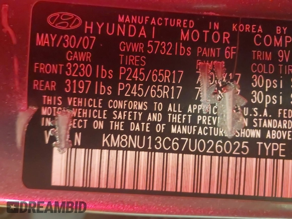 2007 Hyundai Veracruz GLS with VIN KM8NU13C67U026025, listed as a IAAI auction lot 42167816 with 173,926 mi miles and . Bid and sale history available at DreamBid. Image 9.