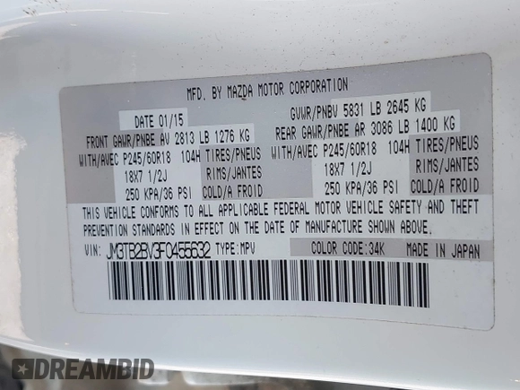 2015 Mazda CX-9 Sport with VIN JM3TB2BV3F0455632, listed as a IAAI auction lot 41881026 with 102,201 mi miles and . Bid and sale history available at carsss.com. Image 9.