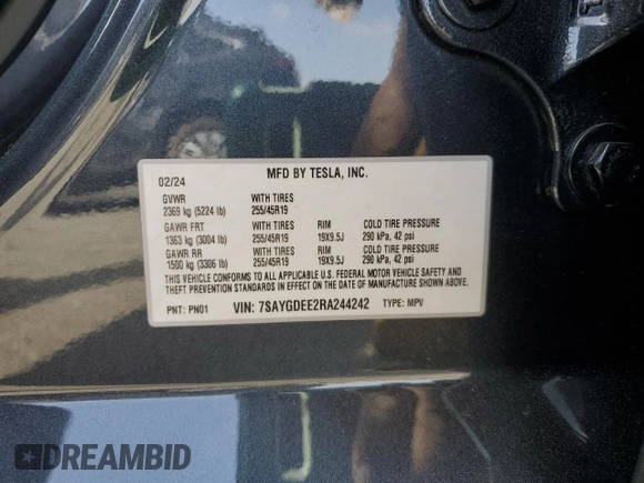 2024 Tesla Model Y Long Range with VIN 7SAYGDEE2RA244242, listed as a Copart auction lot 52635095 with 4,994 mi miles and Salvage title. Bid and sale history available at DreamBid. Image 15.