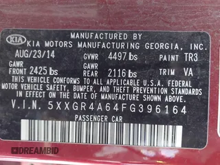 2015 Kia Optima SX Turbo with VIN 5XXGR4A64FG396164, listed as a IAAI auction lot 41682721 with 143,420 mi miles. Bid and sale history available at carsss.com. Image 9.
