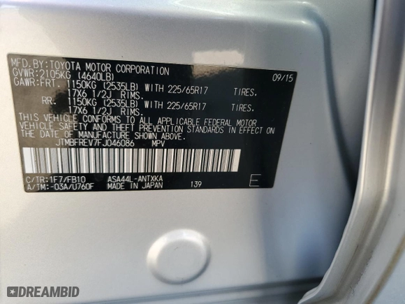2015 Toyota RAV4 LE with VIN JTMBFREV7FJ046086, listed as a Copart auction lot 48578555 with 104,734 mi miles and Salvage Title. Bid and sale history available at carsss.com. Image 15.
