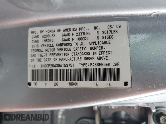 2009 Honda Accord LX-P with VIN 1HGCP26439A152751, listed as a Copart auction lot 60191995 with 152,834 mi miles and Salvage title. Bid and sale history available at DreamBid. Image 12.