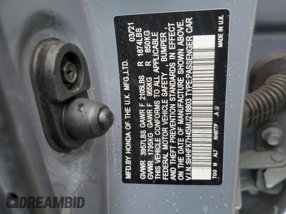 2021 Honda Civic Sport with VIN SHHFK7H45MU218803, listed as a Copart auction lot 46521875 with 79,949 mi miles and Non Repairable. Bid and sale history available at DreamBid. Image 14.