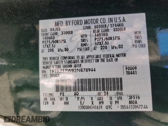 2003 Ford F-150 XL with VIN 1FTRX17W83NB78944, listed as a Copart auction lot 53235475 with 161,389 mi miles and Salvage Title. Bid and sale history available at carsss.com. Image 12.