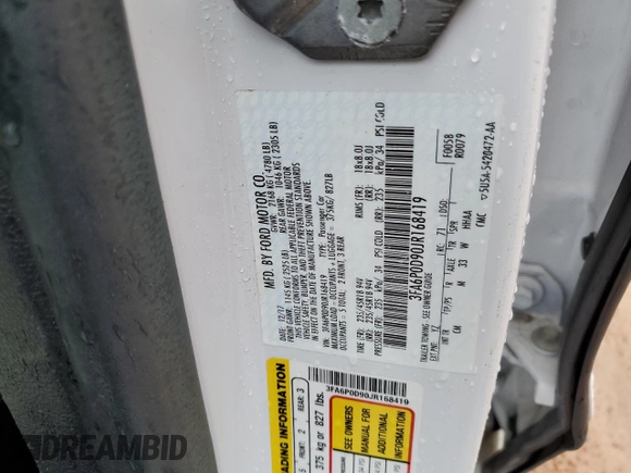 2018 Ford Fusion Titanium with VIN 3FA6P0D90JR168419, listed as a Copart auction lot 56368705 with 95,006 mi miles and Salvage title. Bid and sale history available at DreamBid. Image 12.