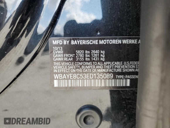 2014 BMW 7 Series ALPINA B7 with VIN WBAYE8C53ED135089, listed as a Copart auction lot 57943575 with 100,096 mi miles and Salvage title. Bid and sale history available at DreamBid. Image 13.
