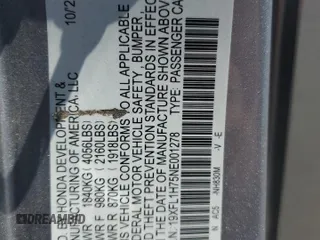 2022 Honda Civic EX-L z VIN 19XFL1H75NE001278, wystawiony jako Copart lot #52611975 z przebiegiem 58 706 mil mil oraz Szkoda całkowita • Salvage title. Historia ofert i sprzedaży dostępna na DreamBid. Obrazek 15.