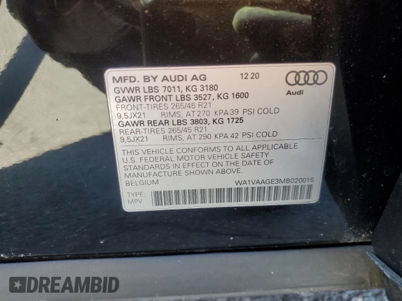 2021 Audi e-tron Prestige z VIN WA1VAAGE3MB020015, wystawiony jako Copart lot #48667165 z przebiegiem 55 428 mil mil oraz Szkody całkowita. Historia ofert i sprzedaży dostępna na DreamBid. Obrazek 13.