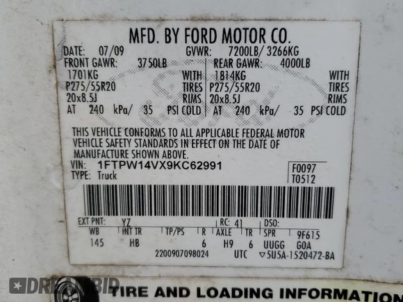 2009 Ford F-150 XL with VIN 1FTPW14VX9KC62991, listed as a Copart auction lot 53852875 with Not Provided miles and Salvage Title. Bid and sale history available at DreamBid. Image 12.