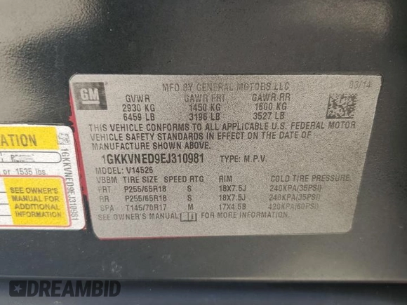 2014 GMC Acadia SLE z VIN 1GKKVNED9EJ310981, wystawiony jako Copart lot #58826294 z przebiegiem 156 147 mil mil oraz Szkoda całkowita • Salvage title. Historia ofert i sprzedaży dostępna na DreamBid. Obrazek 12.
