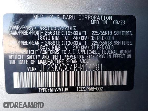 2024 Subaru Forester Sport with VIN JF2SKAGC4RH414181, listed as a Copart auction lot 46429095 with 32,910 mi miles and Salvage Title. Bid and sale history available at carsss.com. Image 16.