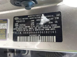 2013 Kia Optima SX with VIN 5XXGR4A66DG182161, listed as a IAAI auction lot 41854763 with 1 mi miles. Bid and sale history available at carsss.com. Image 9.